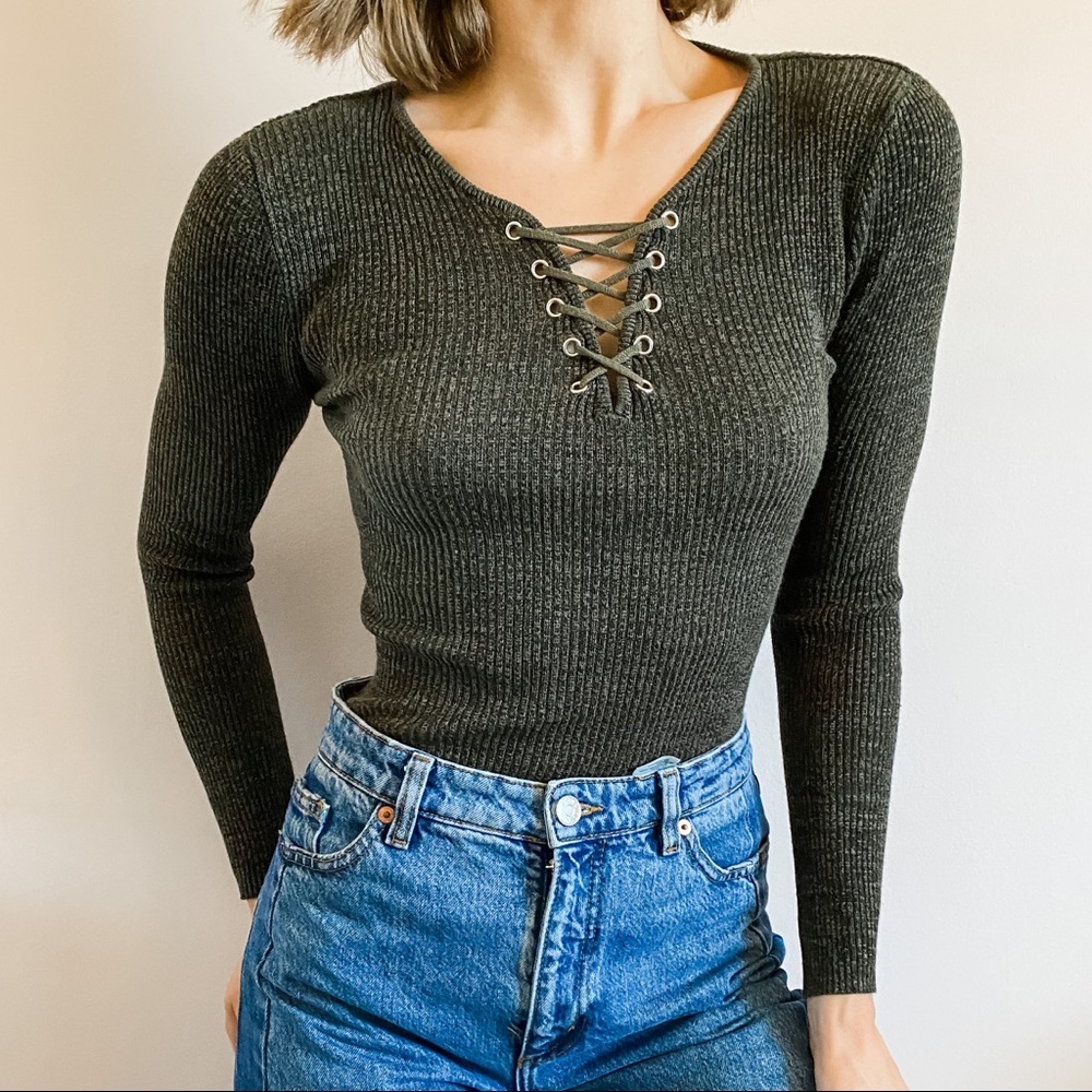 Green Ribbed Lace Up Cleavage Long Sleeve Sweater